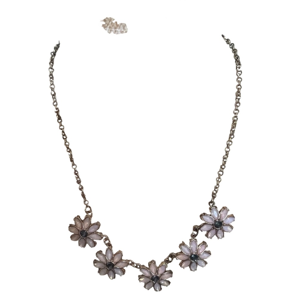 Lauren Conrad Gold Tone Pink Floral Petal Station Necklace LC Logo Charm
